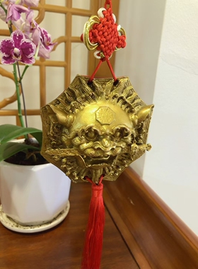 铜睚眦狮咬剑摆件挂件铜狮子玄学虎头牌兽头八角狮头玄关摆件门厅