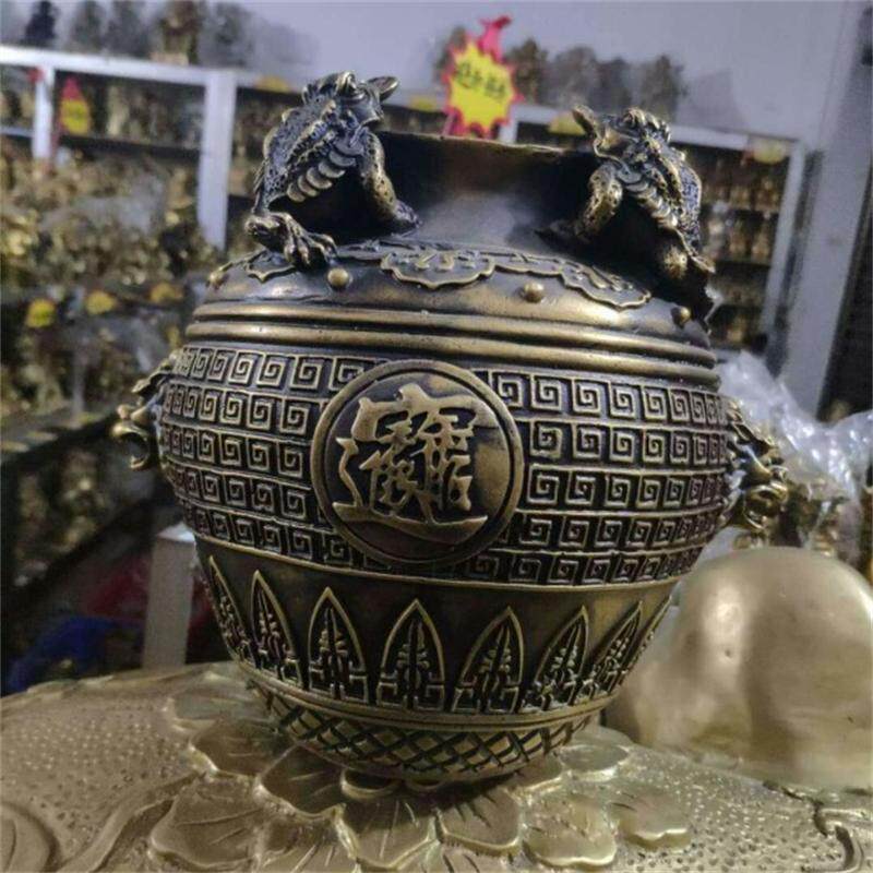 纯铜聚宝盆仿古狮头双耳金蟾献宝财位桌面中招财摆件镇宅客厅卧室