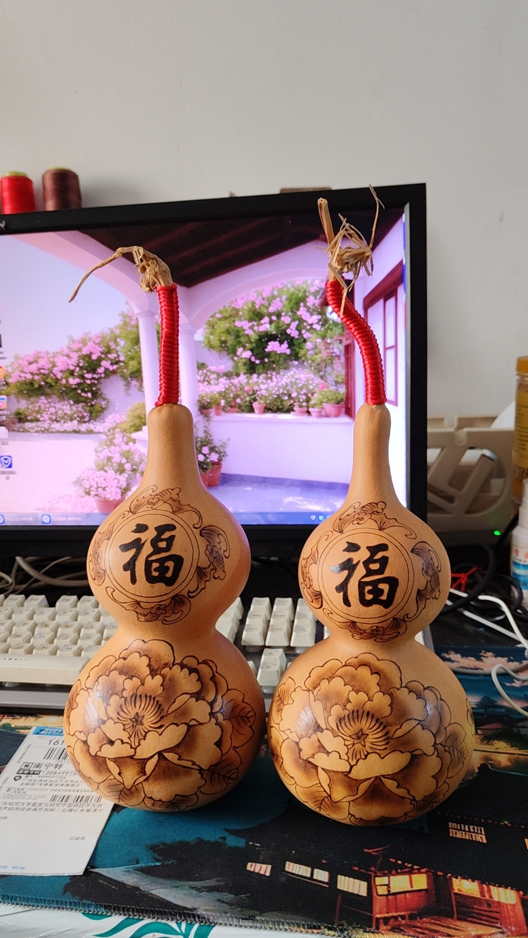 家居镇宅招财天然葫芦大摆件花开富贵牡丹烙画饰品书房客厅大门对