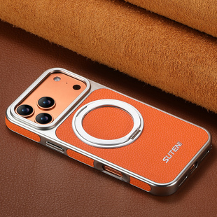 iPhone16promax手机壳Magsafe磁吸苹果17air保护壳15plus真皮革360°旋转带支架14pm皮套橙色13使用高端轻奢