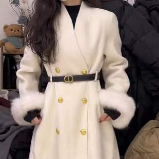 双排扣高级感气质修身 狐狸毛双面羊毛大衣女中长款 腰带毛呢外套绒