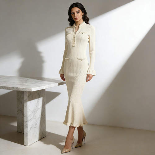 法式高级感鱼尾裙礼服长裙2026春季针织纯色连衣裙KDR556372X长袖