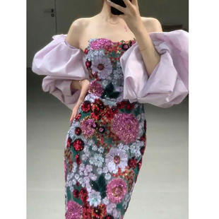新款 生日礼服 晚宴会抹胸连衣裙2024女春夏季 高级感名媛泡泡袖