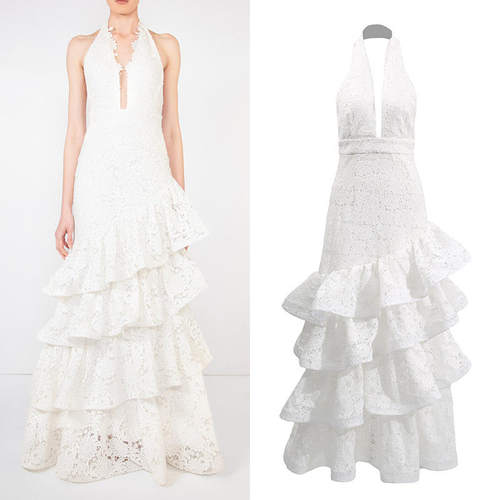 法式宫廷舞会纯白挂脖露背礼服长裙2026收腰蛋糕裙下摆连衣裙棉涤