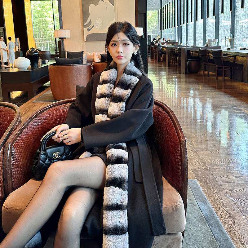 新款御姐风毛呢外套女中长款秋冬高级感双面羊绒大衣龙猫獭兔皮草