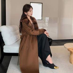 羊毛呢外套女长袖 2024秋冬 长款 高级感獭兔毛领双面羊绒大衣 修身