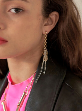 长款拼色流苏耳环女金属链条金色银色朋克摇滚耳饰耳坠无耳洞耳夹