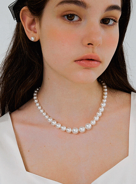 925纯银超显瘦超大珍珠项链简约优雅渐变尺寸女士颈链澳白色