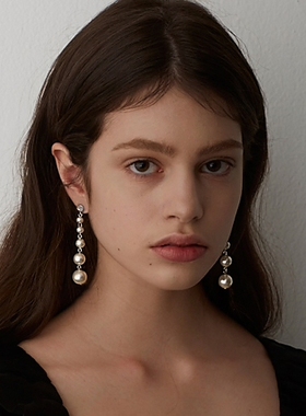 KOCH珍珠串耳饰通体纯银水晶钻锆石复古长款大耳环耳夹婚礼新娘