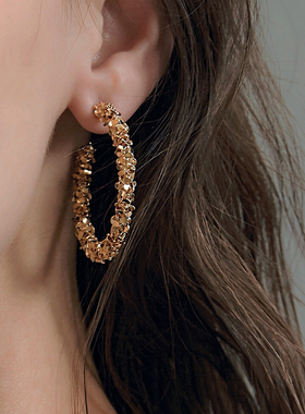 KOCH港风金色碎石感C字型耳圈小闪光耳环圆圈个性独特耳饰