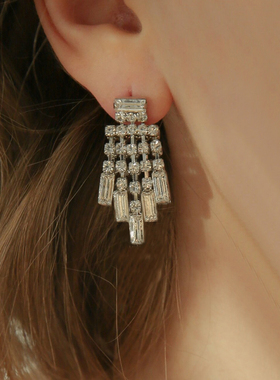 KOCH超闪锆石耳钉水钻流苏几何方形长款大气金银色耳环耳饰潮时尚