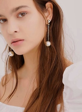 KOCH 大珍珠吊坠 简约气质 欧美夸张大耳环半球耳饰金色链条耳夹