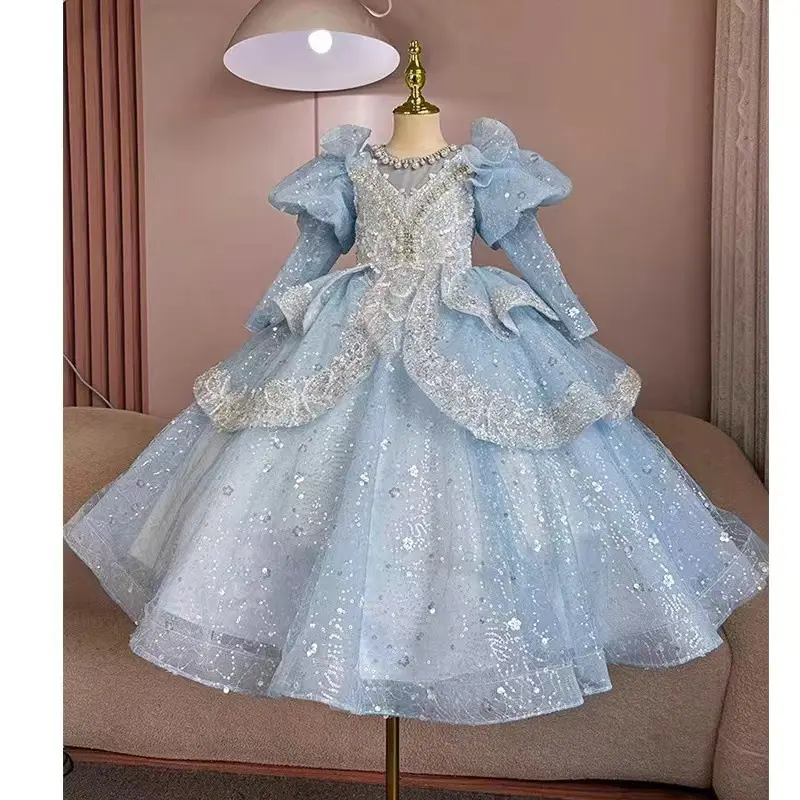 蓝色儿童礼服女童2025秋季新款重工生日公主裙花童婚礼走秀演出服
