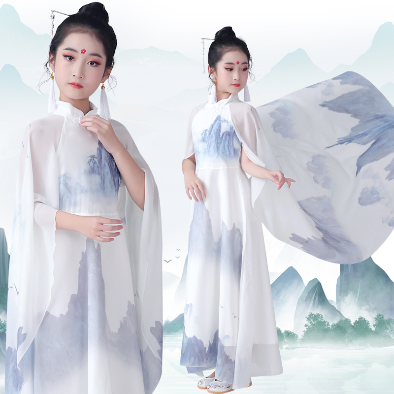 儿童汉服古筝演出服女童古典舞蹈