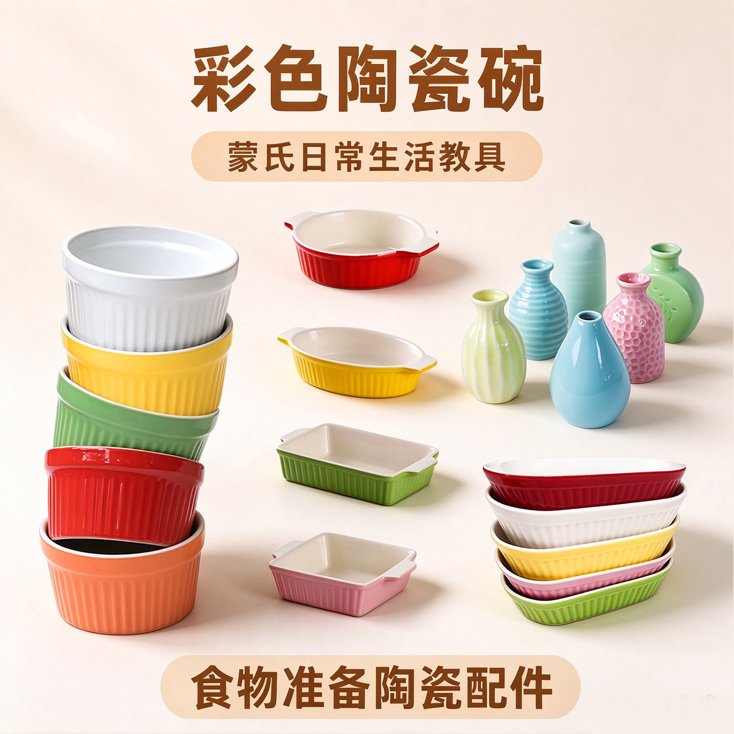 蒙氏彩色陶瓷碗 日常生活区工作容器 食物制备收纳小碗早教教具
