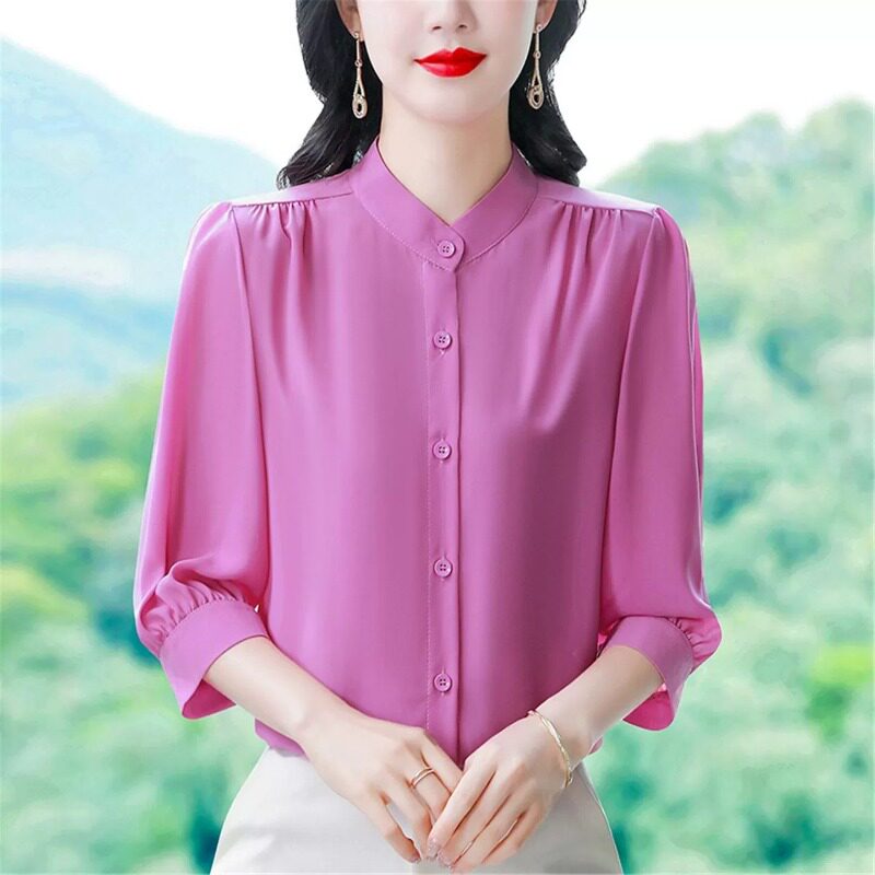 七分袖真丝衬衫女桑蚕丝显瘦衬衣