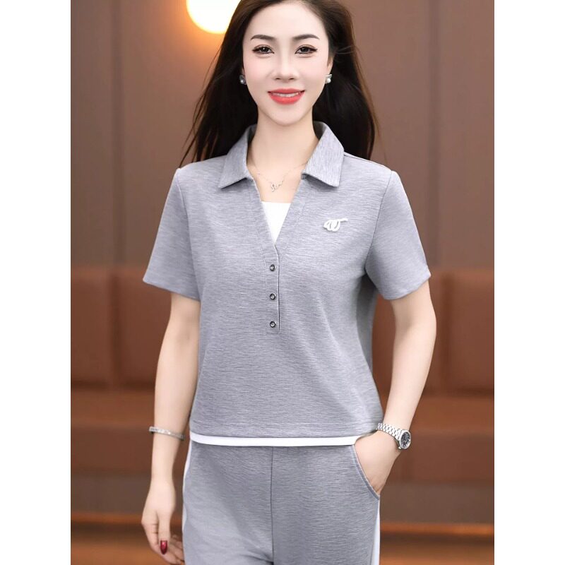 休闲运动服套装女POLO领显瘦短袖