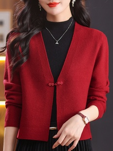 春秋红色针织开衫女士披肩新中式盘扣毛衣外套高级感旗袍外搭短款