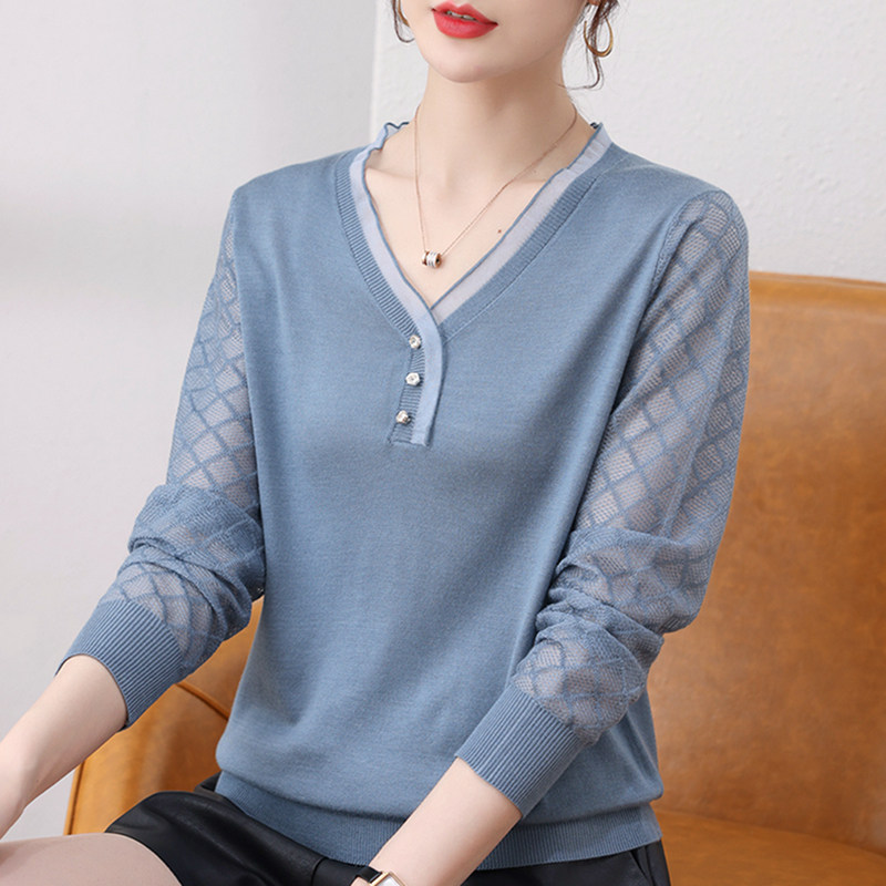 针织衫女V领蕾丝边钩花2021新款春秋装镂空冰丝长袖宽松打底上衣