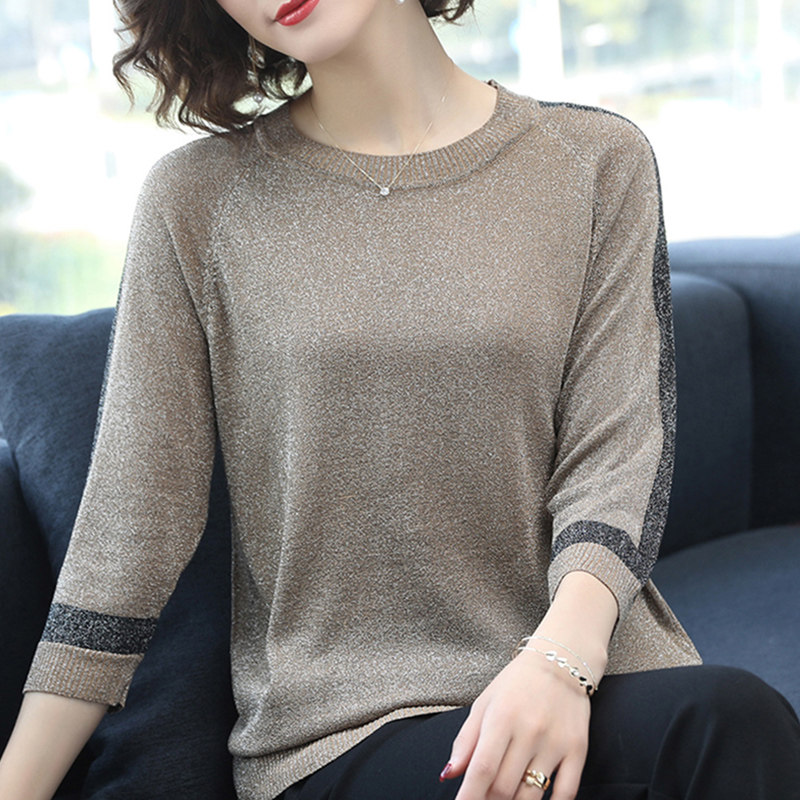 夏季冰丝针织衫女亮丝T恤薄款七分袖韩版宽松大码圆领百搭打底衫