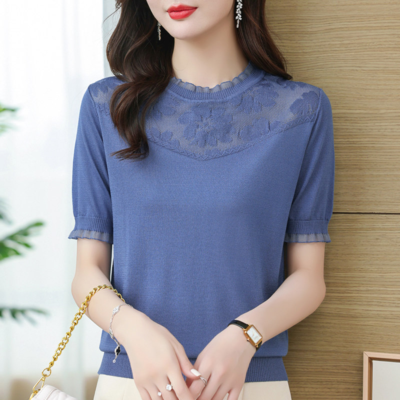 短袖t恤女士蕾丝蓝色上衣薄款镂空妈妈夏装洋气冰丝针织打底小衫