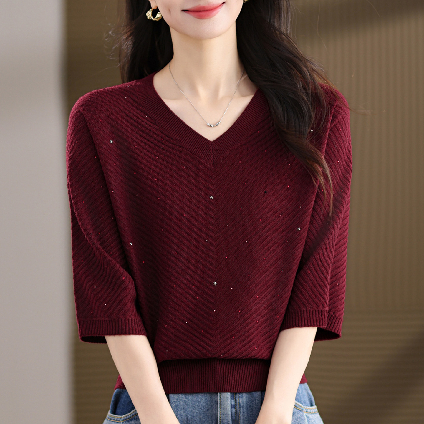 中袖上衣女七分袖高端春秋冰丝衫