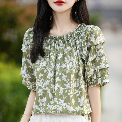 夏季短袖雪纺衬衫一字领碎花上衣