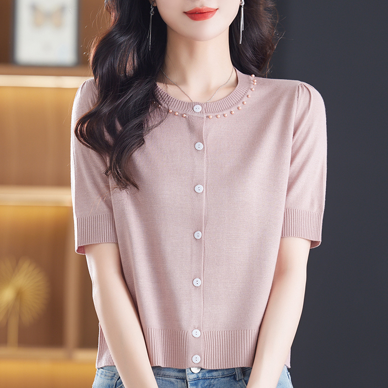 粉色圆领上衣女夏季冰丝短袖t恤