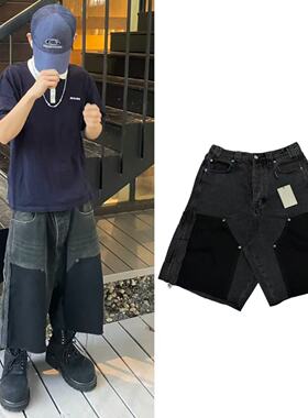 B家原标26s洗水伐木拼接牛仔中裤巴黎风格裤口毛边春夏新款五分裤