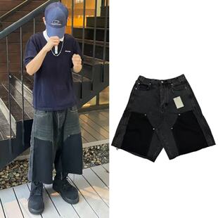 B家原标26s洗水伐木拼接牛仔中裤巴黎风格裤口毛边春夏新款五分裤