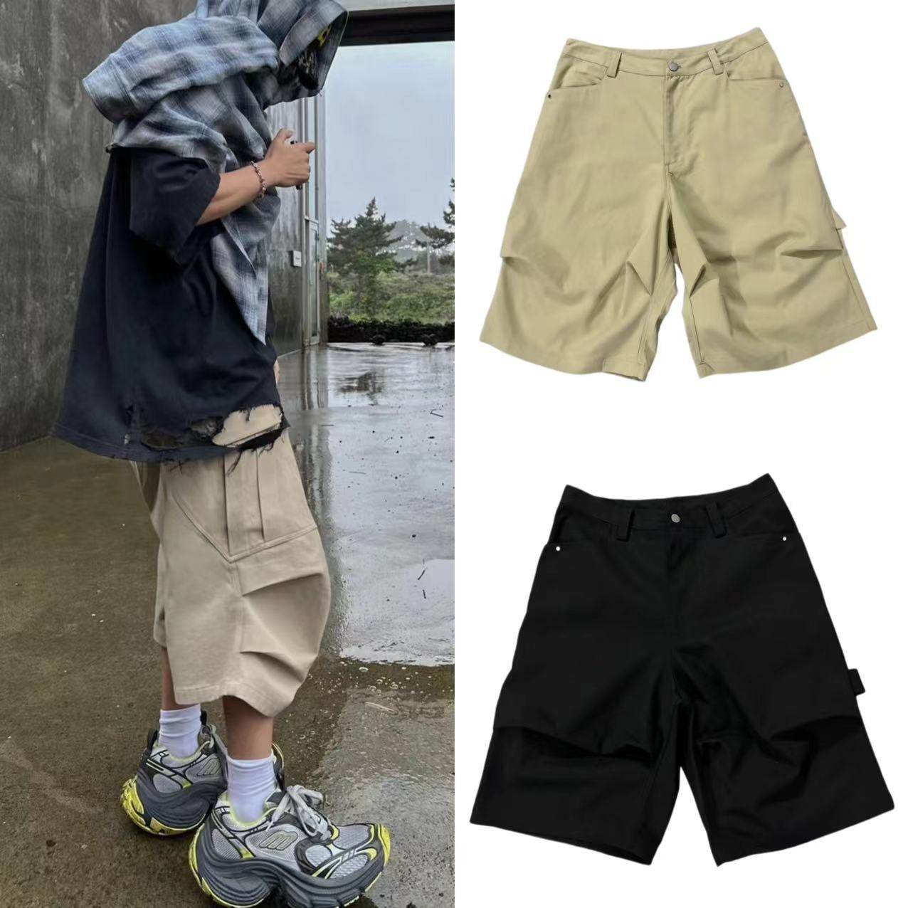 Nonnod复古廓形褶皱宽松七分裤立体设计感伐木工装休闲过膝短裤男