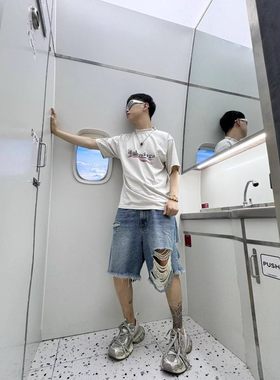 B家SS24重工做旧磨破复古牛仔短裤巴黎风格宽松掉裆男女五分裤潮