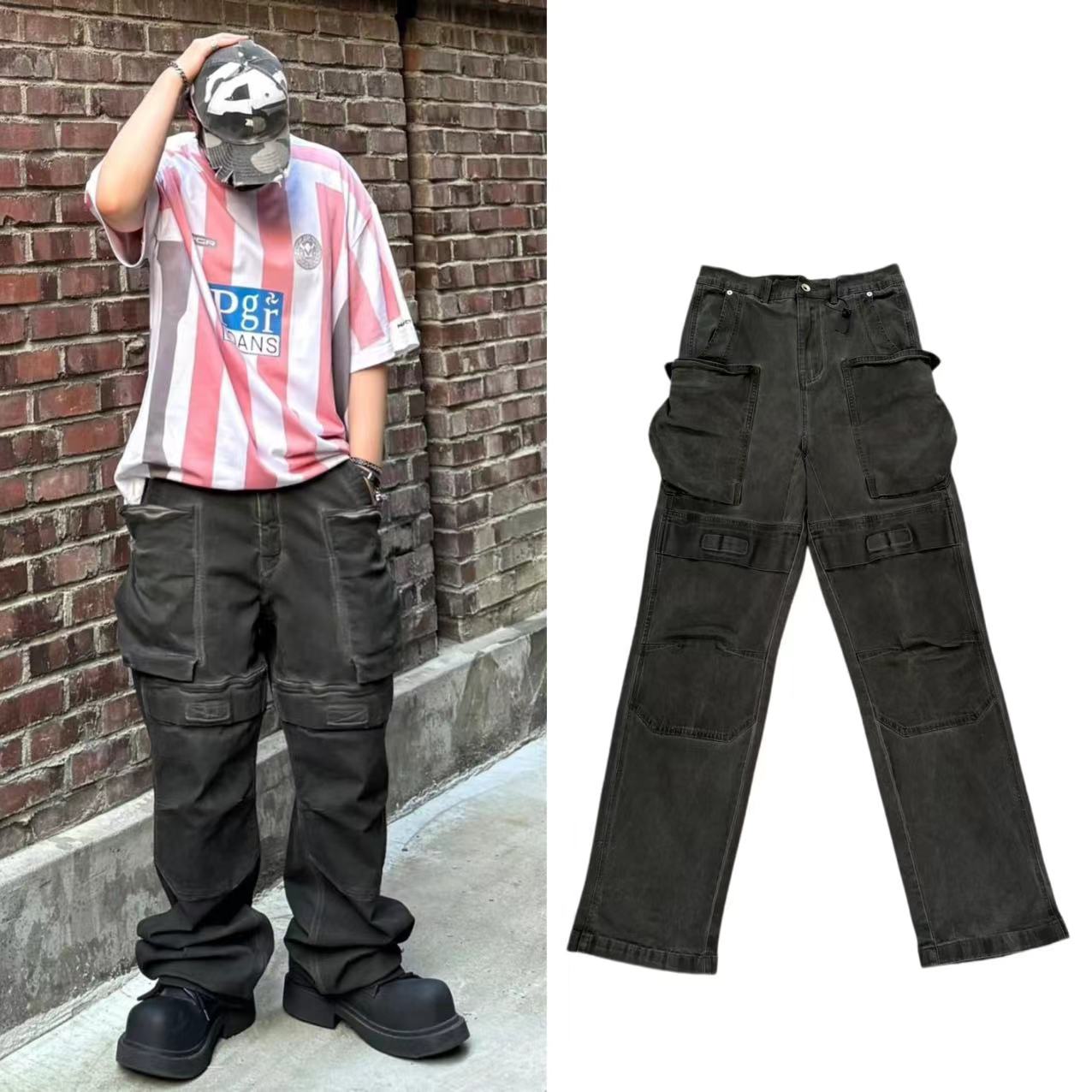 原标Ro多口袋暗黑风重工脏洗水洗做旧直筒宽松工装牛仔裤TS同款潮