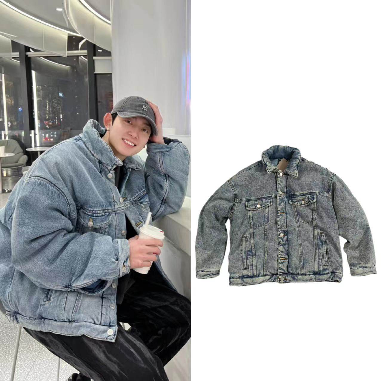 B家Kanye侃爷同款牛仔棉衣外套巴黎风格宽松做旧复古保暖棉服夹克