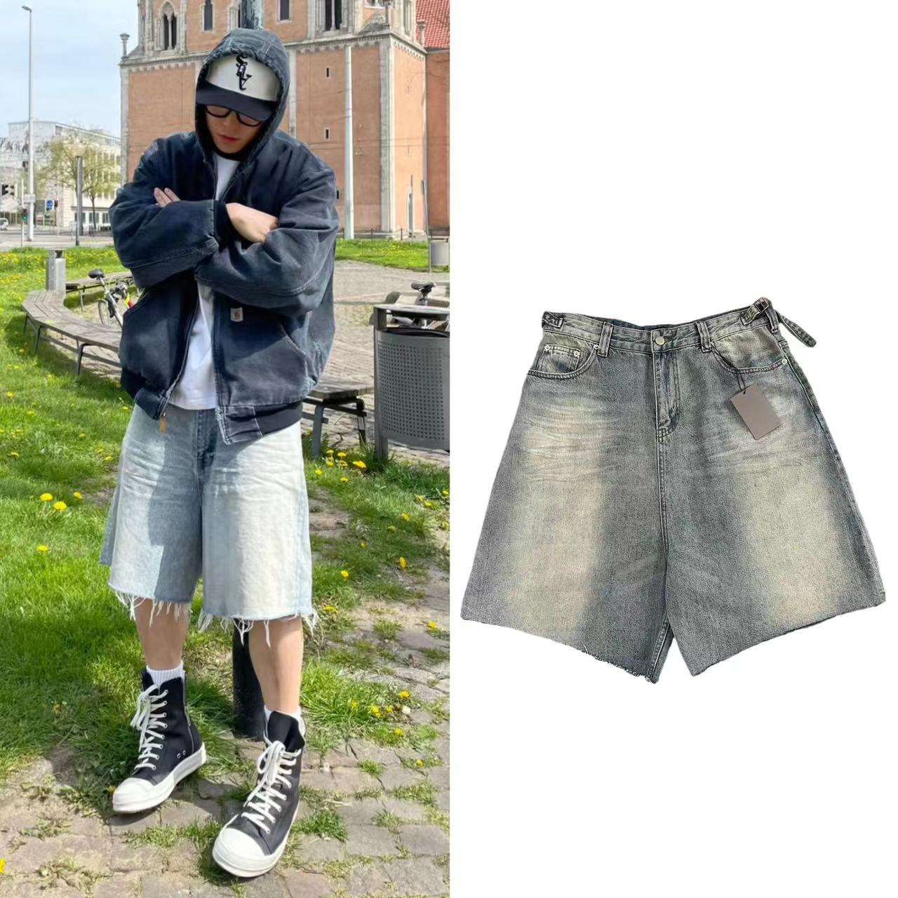 thumbnail for B home SkaterJean Shorts washed blue denim shorts cat whiskers aged skateboard casual five-point pants tide