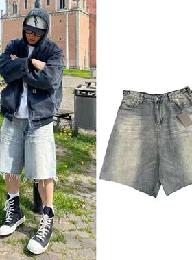 B家SkaterJean Shorts水洗蓝牛仔短裤猫须做旧滑板休闲五分中裤潮