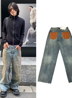 原标AC风格1981新季牛王水洗重工做旧宽松牛仔长裤拼皮口袋直筒裤