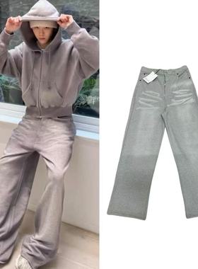 原标AC 25ss灰色3D打印仿做旧洗水牛仔毛圈卫裤休闲裤阔腿男女潮