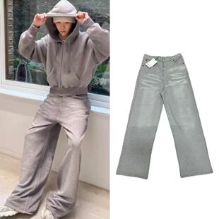 原标AC 25ss灰色3D打印仿做旧洗水牛仔毛圈卫裤休闲裤阔腿男女潮