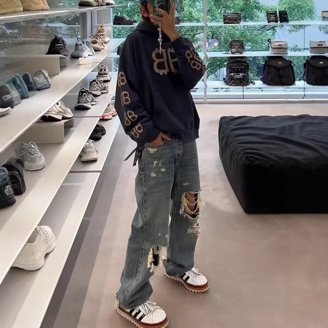 B家 24ss 夏季巴黎风格复古蓝水洗破洞毛边直筒显瘦潮流牛仔裤潮