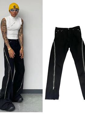 Ro风格暗黑风拉链香蕉裤牛王宽松休闲喇叭堆积显瘦牛仔长裤潮男女