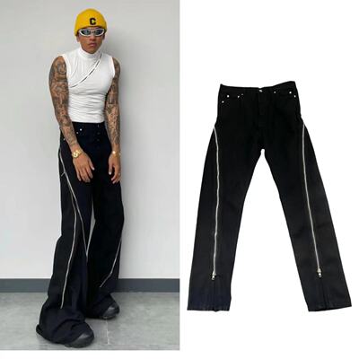 Ro风格暗黑风拉链香蕉裤牛王宽松休闲喇叭堆积显瘦牛仔长裤潮男女