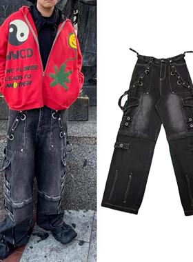B家牛王重磅复古水洗可拆卸阔腿长裤男潮巴黎风格绑带八神牛仔裤