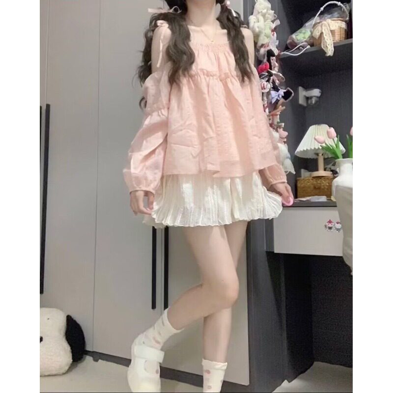 粉色露肩衬衫百褶短裙女秋季新款小个子清纯甜美减龄穿搭两件套装
