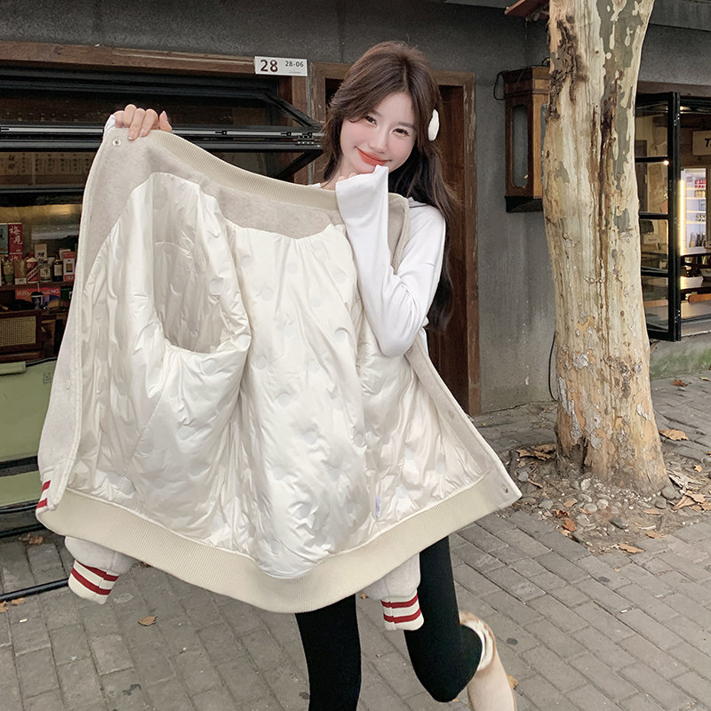 灰色韩版学院风bf棒球白鸭绒羽绒服女冬新款小个子加厚美式短外套,女装羽绒服,2C301