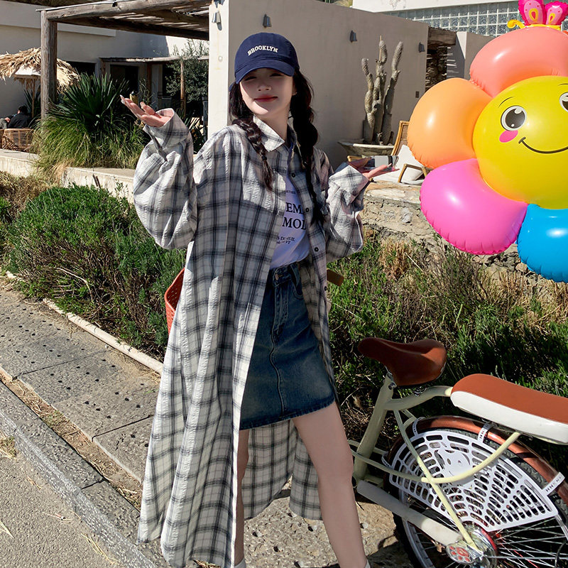 复古格子中长款衬衫外套女2025春秋新款学院风宽松休闲百搭防晒衣,女装衬衫,2C301