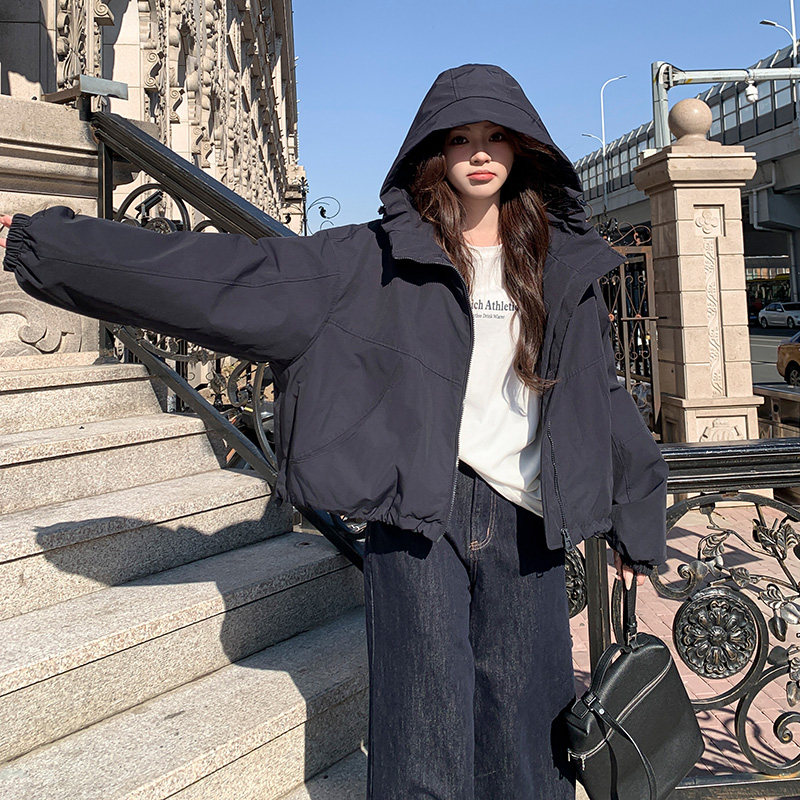 连帽小个子百搭气质棉衣慵懒风冲锋衣女加厚面包服外套夹克美式,女装短外套,2C301