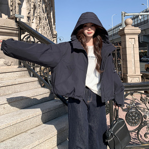 连帽小个子百搭气质棉衣慵懒风冲锋衣女加厚面包服外套夹克美式图片