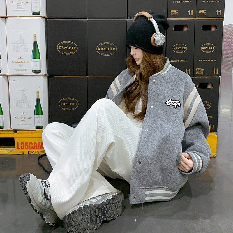 灰色韩版学院风bf棒球白鸭绒羽绒服女冬新款小个子加厚美式短外套,女装羽绒服,2C301