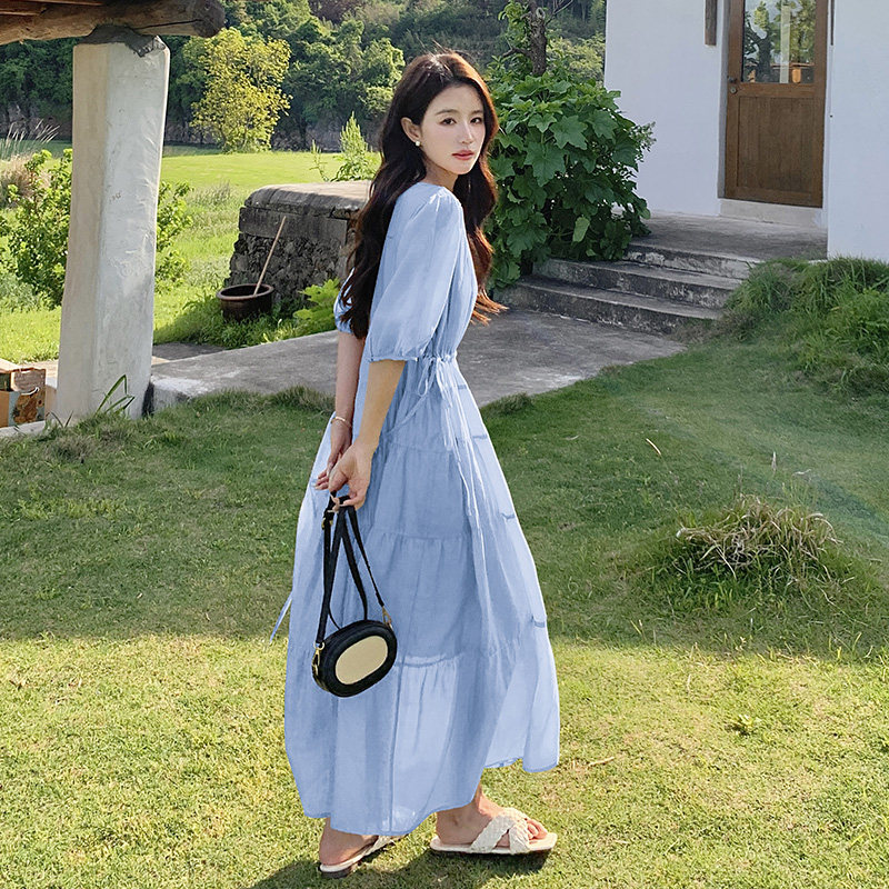 法式浪漫天丝连衣裙女2025夏季新款高级感气质v领宽松遮肉长裙子,女装连衣裙,2C301